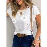 Women New Fashion Ruffled Short Sleeves Chiffon Top Shirts Floral Print Round Neck Casual Slim Fit Top Blouse