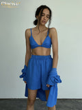Fashion Bra + Long Sleeve Blouse 3 Piece Set Women Autumn Blue Cotton Shorts Set Casual High Waist Shorts Woman