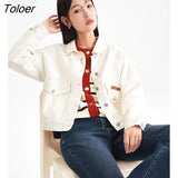 Women Denim Jacket 2023 Spring Long Sleeve Polo Neck Loose Coat Warm Casual All Match Chic Beige Dark Blue