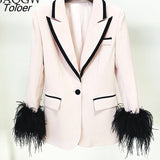 Women's Luxury Blazer New Notched Slim Single Button Long Sleeve Feather Patchwork Suit Jackets Female Autum