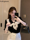 Knit Tshirts Women Peter Pan Collar Puff Sleeve Tees Patchwork Lace Fashion Vintage T Shirt Korean Summer T Shirt