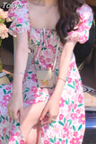 Summer Printed Dress French Retro Square Neck Floral Dress Female 2023 Summer New Puff Sleeve Long