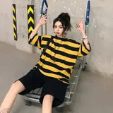 Fashion Hip Hop Women T-Shirt Loose Summer Oversize Striped Funny Female Tops Tees Purple Funny Japan Harajuku T Shirt
