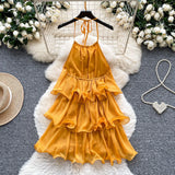 Dress Women 2025 Summer French Atmosphere With A Sense Of Hanging Neck Sling Lotus Side Splicing Cake Holiday