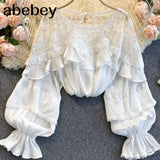Mesh Splice Blouse Women Elegant Solid Puff Sleeve Lace Ruffles Blouses Autumn Casual Loose Streetwear