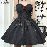Mini Dress Y2K Lace Up Sexy Backless Halter Sleeveless Party Jacquard Luxury Fairy Tales Grunge Dark Academy