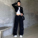 Grunge Zip Up Hoodie Streetwear Women Korean Fashion Casual Slim Sweatshirts Striped Black Long Sleeve Cropped