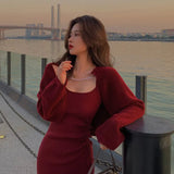 Long-sleeved Women Knitted Cardigan 2 Piece Set Sleeveless Backless Dress Elegant Crop Top Sweater Suits Fall