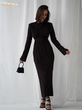 Gifts Fashion O-Neck Green Office Women'S Dress 2022 Elegant Long Sleeve Pleated Midi Dresses Casual Slim Black Female