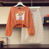 Vintage Printed Drawstring Long Sleeve Sweater Plaid Stitched Button Short Skirt Two Piece Set Elegant Women's Skirt