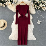 Autumn Sexy Knitted Dress Women V Neck Long Sleeve Slim Maxi Dress Female Autumn Hollow Out Sweater Long Dress