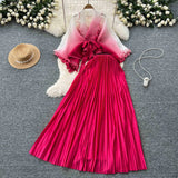 Suit Female Strap To Waist Gradient Color Pressure Folding Shirt High Waist 100 Folded Skirt Two