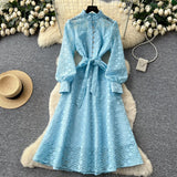 Water Wash Denim Dress Women's Autumn New High-End Thin Temperament Waist Single Buckle Long