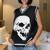 2022 Women's Knitted Vest Blue Skull Print Sleeveless Sweater Vest Waistcoat Casual Oversize Vest Pullover Green