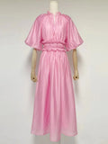 Tie Dye Slim Dress Female Stand Collar Puff Half Sleeve High Waist Spliced Ruffles A Line Long Dresses Female Summer