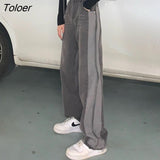 Women Vintage Side Stripe Streetwear Fashion Popular Full-length High Waist Pockets All-match Party College Cool Unisex