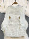 Fashion Women Woolen Tweed Dress Autumn Winter Plaid Tweed Patchwork Chiffon Long Sleeve A Line Elegant Short