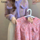 New Autumn Purple Women Knitted Cardigans Fashion Korean Gentle Casual Pink Plaid Sweater Furry Coat Pull Oversized