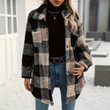 Women's Autumn And Winter Long Sleeve Double Pocket Lattice Hairy Large Fashion