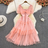 Summer Sweet Women Mesh Ruffle Party Dress Purple/Red/Beige Square Collar Short Sleeve High Waist A-Line Vestidos Female
