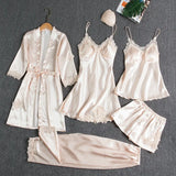 Women Summer Ice Silk Sexy Hot Home Clothes Spring And Autumn Long-Sleeved Thin Five-Piece Set
