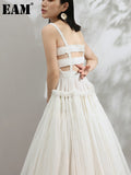 2022 New Summer Strapless Back Hollow Out Square Pleated Slim Big Hem White Temperament Dress Women Fashion