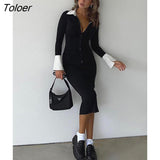 Single Breasted Polo Collar Dress Women Sexy Long Sleeve Elegant Office Lady Outfits Bodycon Ruched Black Dresses