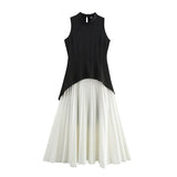 Dress Women's 2025 Spring Temperament Elegant Splicing Pressure Folding Long Dress Atmosphere Black And White