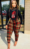 Casual Print Long Sleeve Top And Plaid Suspender Pant 2 Piece