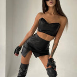 Toloer New Winter Strapless Vest Sexy High Waist Slim Slim Women's Slit Skirt Suit-Outfit