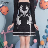 Flower Embroidery Dress for Women Square Neck High Waist Black Bodycon Dress Long-sleeve Spring Summer Mini