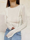 Bodycon White O-Neck Women'S T-Shirt 2021 Elegant Yellow Long Sleeve Fall Tee Shirt Casual Slim Elastic Solid Top
