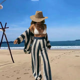Women's Fashion 2025 Fashion V-Neck Collidered Striped Shirt Loose Broad Leg Trousers Knitted