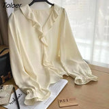 Women Long Butterfly Sleeve Ruffles V-neck Spring Fall Casual Ladies Clothing Elegant Blusas Korean Style Femme Tops
