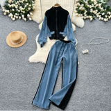 Suit Women's Port Wind Casual Colliding Color Splicing Collar Zipper Fake Two-Piece High-Waisted Cowboy Broad Leg