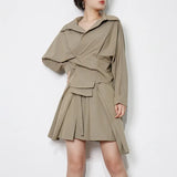 Asymmetrical Casual Skirt Suit For Women Lapel Long Sleeve Ruched Shirt High Waist Pleated Mini Skirts Female