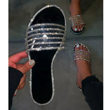 Summer Glitter Slippers Women Shoes Flat Sandals Rhinestone Beach House Ladies Slippers Bling Slides Black