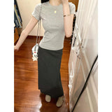 Casual Gray Shoulder Short Sleeve Two Sets Of Summer New High-End Long Skirt Temperament