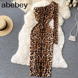 Bodycon Dress Women Sexy Diagonal Collar One Shoulder Slim Club Party Dress Spring Off Shoulder Leopard