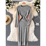 Women Autumn Knitted Dress Long Sleeve O Neck Elastic Slim Pencil Dress Korean Style Sexy Bodycon Sweater