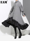 2022 New Spring Lapel Long Sleeve Bandage Solid Color Gray Big Hem Irregular Loose Dress Women Fashion Tide