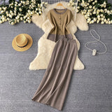 Sense Of The Color Short Sleeve Knitted Cardigan Top + High Waist Long Skirt Summer Wearing Two