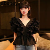 Casual Patchwork Ruffle Shirts For Women V Neck Short Sleeve Ruched Slim Blouses Female 2022 Summer Fashion