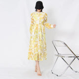 Loose Midi Dress For Women Stand Collar Lantern Sleeve High Waist Cut Out Print Colorblock Dresses Female