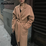 Aachoae Lady Solid Long Wool Coat Batwing Long Sleeve Elegant Office Jacket Female Turn Down Collar Casual Coat Women