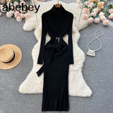 Winter Turtleneck Sexy Women Dress Autumn Long Sleeve Skinny Maxi Boydcon Casual Sweater Plush Knee-Length Party