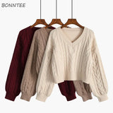 Sweaters Women Lovely Pullover Fashion Popular Clothes Twist Vintage V-Neck Solid All-Match Fall Daily College Cropped