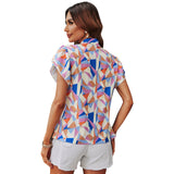 Chiffon Stand Collar Printed Short Sleeve