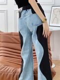 Fashion Women's Jeasn New High Waist Black Blue Wave Spliced Straight Tube Wide Leg Denim Pants Tide Autumn 2023