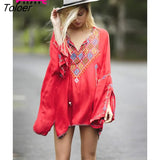 Women T-Shirt Top Sexy Long Sleeve Boho Embroidery Tassel V-neck Hippie Chic Loose Blusas Feminino Tops 2023